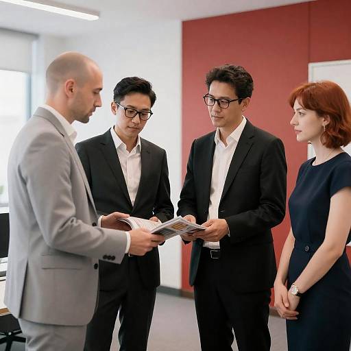 Business professionals reviewing magazine in office