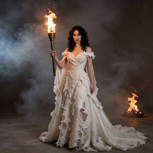 Photograph of a dark-haired woman in a white, off-shoulder, lace wedding dress holding a torch, standing against a smoky, dim
