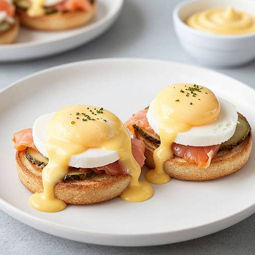 Photograph of two Eggs Benedict on white plates, with golden hollandaise sauce, white egg yolks, pink ham, and green olives, sprink