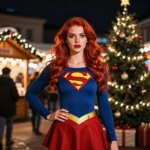 Woman in Superhero Costume at Christmas Market