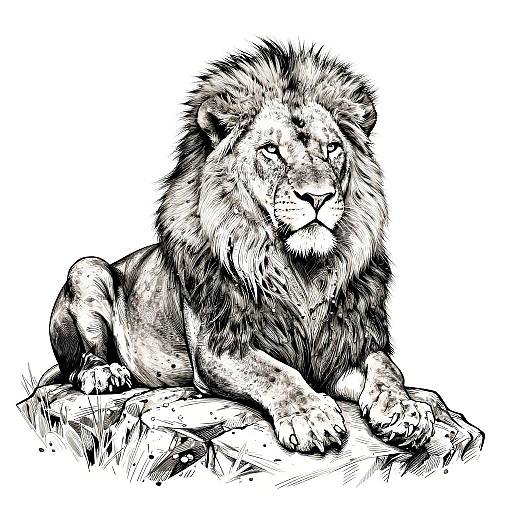 Black-and-white ink drawing of a majestic male lion with a thick mane, lying on a rocky surface, eyes gazing forward.