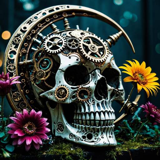 Intricate Steampunk Crescent Skull Art