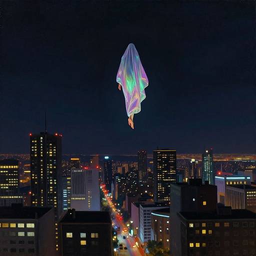Photograph of a glowing, multicolored, triangular kite soaring above a nighttime cityscape with illuminated skyscrapers and streetlights.