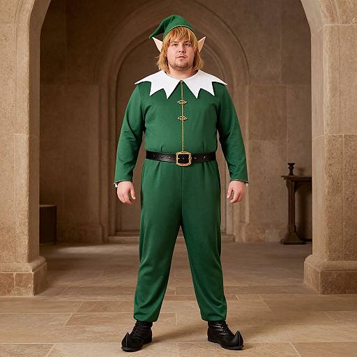 Photograph of a plus-sized man with blonde hair and elf ears, wearing a green elf costume with white collar, standing in a stone archway hallway