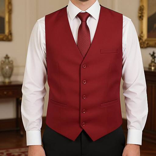 Photograph of a man in a white shirt, dark red vest, and matching tie, standing in an elegant room with framed pictures and antique furniture in