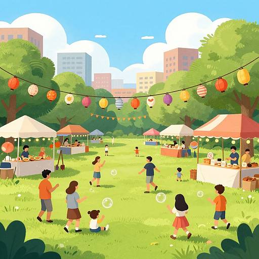 Colorful digital illustration of a vibrant outdoor market on a sunny day, featuring people of various ages, lanterns, stalls, and green grass.