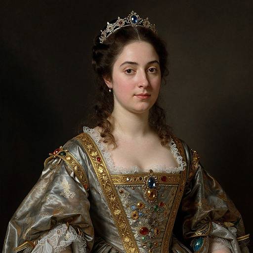 Photograph of a fair-skinned woman with dark curly hair, wearing an elaborate silver gown adorned with gold and gemstone embroidery, and a jeweled