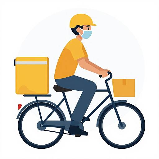 Digital illustration of a male delivery cyclist in yellow shirt, helmet, and mask, with two yellow cargo boxes, riding a black bike.
