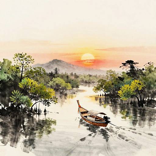 Shanshui Ink Painting of Thai Boat