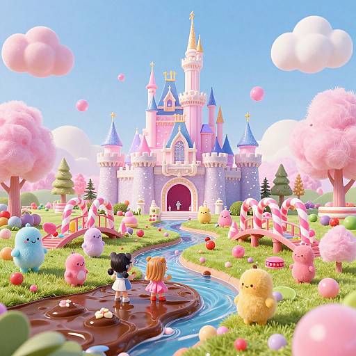 Whimsical digital illustration of a colorful castle with pink cherry blossoms, candy-themed landscape, a winding chocolate river, and adorable pastel-colored creatures