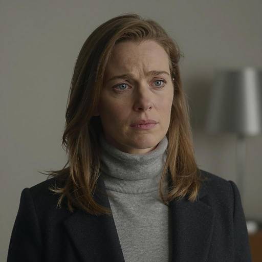 Worried woman in gray turtleneck and dark jacket