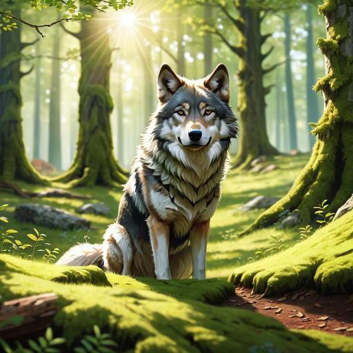 Wolf Sitting in Sunlit Forest