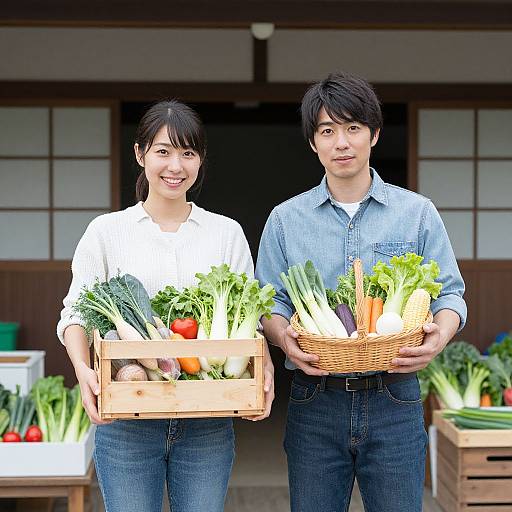 Photograph of an Asian couple standing outdoors, holding baskets of fresh vegetables; woman in white shirt, man in blue shirt, both smiling.