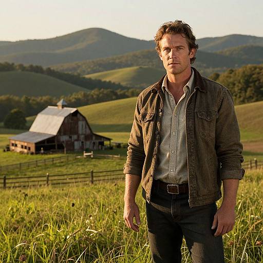 Photograph of a rugged, handsome man with curly brown hair, wearing a green jacket and checkered shirt, standing in a sunlit grassy field