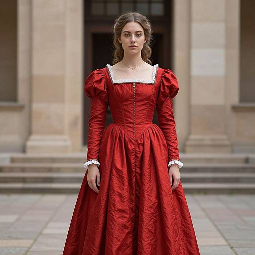 Photograph of a young woman with fair skin and brown hair in a red, puffed-sleeve, 18th-century style dress with white