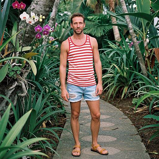 Photograph of a smiling, short-haired man in a red and white striped tank top, denim shorts, and brown sandals, standing on a stone path