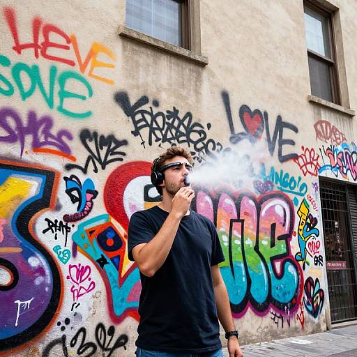 Photograph of a bearded man in black t-shirt and sunglasses, blowing graffiti bubbles against a colorful, heavily-tagged urban wall.