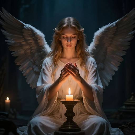 Photorealistic digital art of an angelic woman with white wings and long blonde hair, praying before a lit candle in a dark, mystical forest.