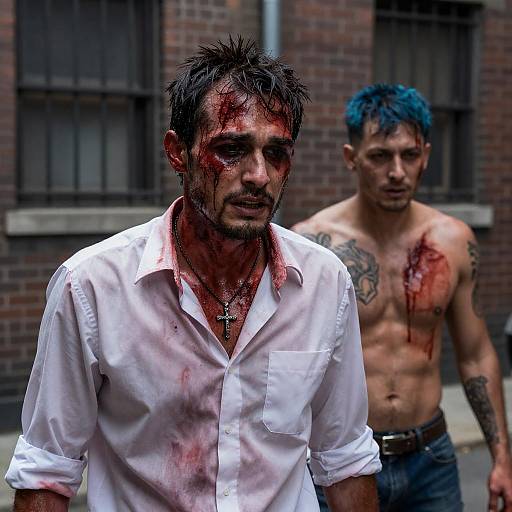 Bloodied Men in Urban Alleyway