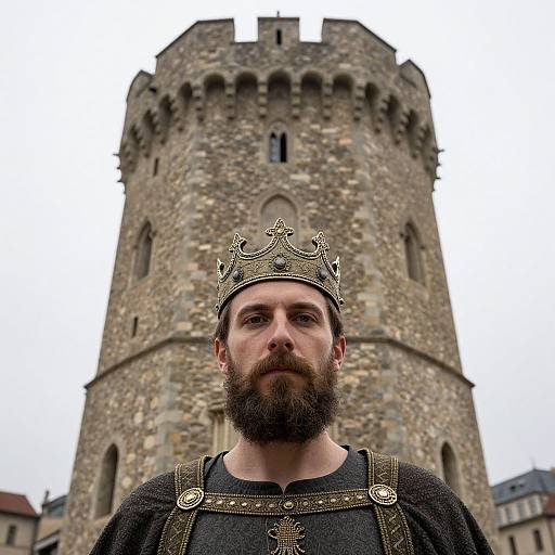 Regal Bearded King Before Ancient Tower