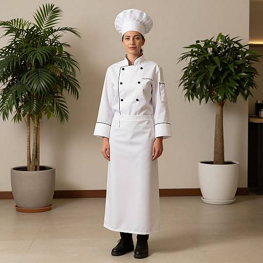 Photograph of a female chef in a white double-breasted uniform, tall hat, black shoes, standing between two potted plants in a bright,