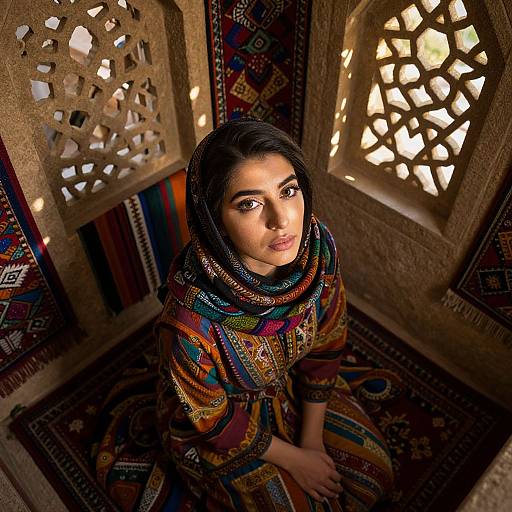 Photograph of an Indian woman with dark hair, brown eyes, and medium skin, wearing a colorful, patterned traditional dress and headscarf,