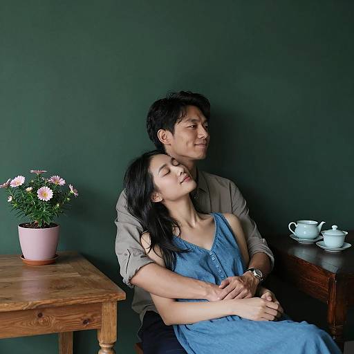 Romantic Couple Against Dark Green Wall
