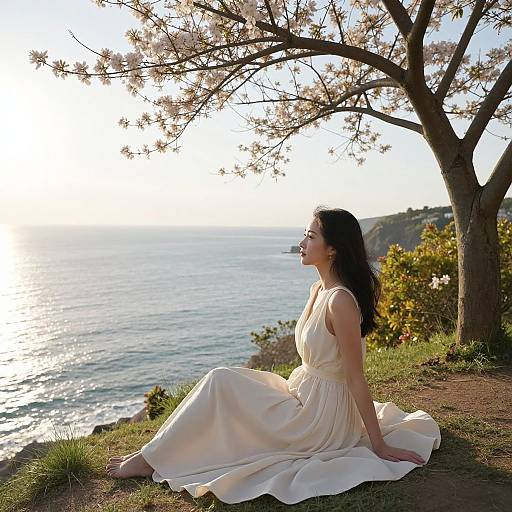 Photograph of an Asian woman in a flowing white dress sitting on a grassy cliff, gazing at a sunlit, serene ocean, with a