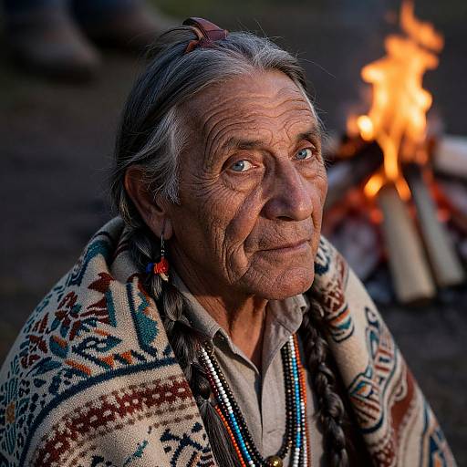 Photograph of an elderly Native American woman with long gray hair, wearing a patterned blanket and beaded necklace, gazing at a campfire.