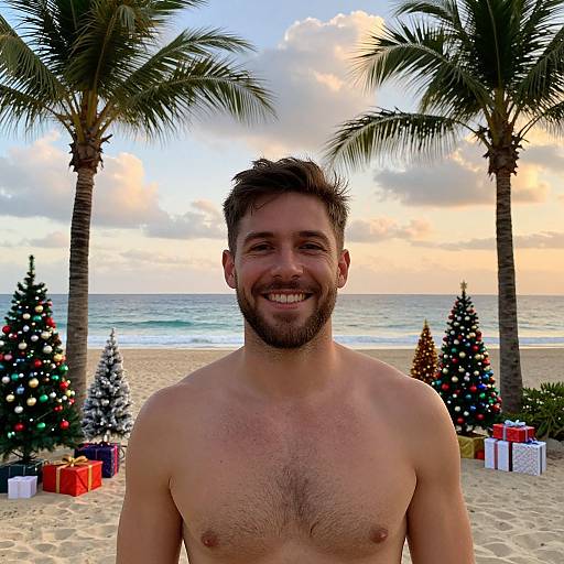 Smiling Man on Festive Beach Sunset