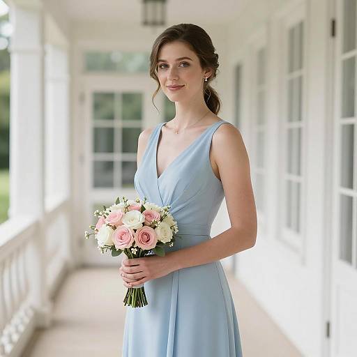 Bridesmaid in Light Blue Dress Holding Bouquet