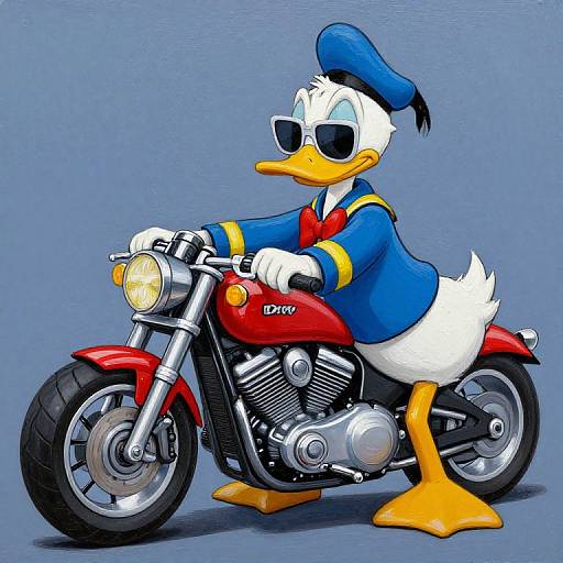 Digital illustration of Donald Duck in a blue sailor uniform, black sunglasses, and blue cap, riding a red Honda motorcycle.
