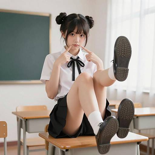 Anime Girl Sitting on Classroom Desk
