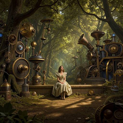 Photograph: Young woman in yellow dress sits between vintage steampunk machinery in enchanted forest with dappled sunlight, surrounded by towering trees.