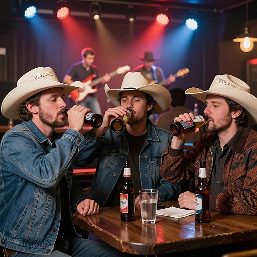 Three Men in Cowboy Hats Drinking Beer at Bar
