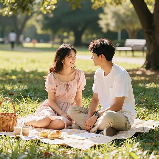 Photograph of an Asian couple sitting on a blanket in a sunlit park, laughing, wearing casual summer clothes, with a wicker basket nearby.