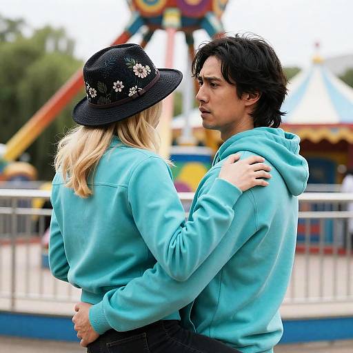 Couple in Turquoise Hoodies at Amusement Park