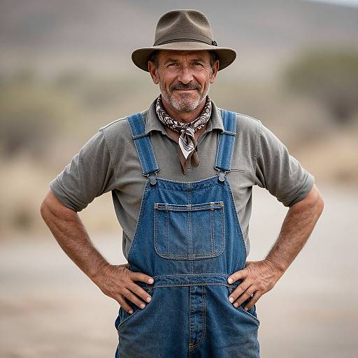 Photograph of a middle-aged man with gray mustache and beard, wearing a brown hat, blue denim overalls, and gray shirt, standing confidently