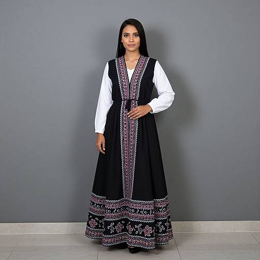 Photograph of a South Asian woman with long black hair, wearing a traditional black embroidered dress over a white long-sleeve blouse, standing against a