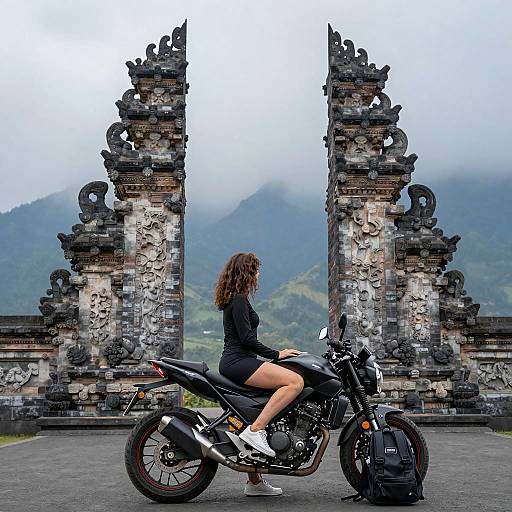 Woman on Motorcycle at Balinese Temple Gate