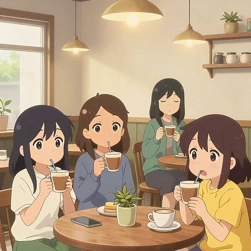 Digital anime-style drawing of four girls with black hair, sipping coffee in a cozy, sunlit café with potted plants.