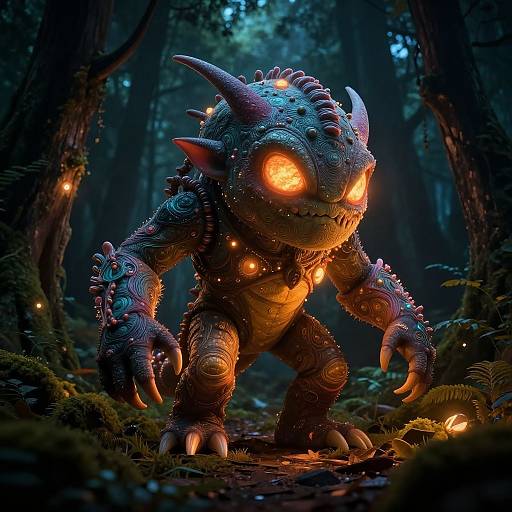 Photorealistic CGI of a glowing, horned, reptilian creature with orange eyes and intricate, textured blue scales in a dark, enchanted forest.