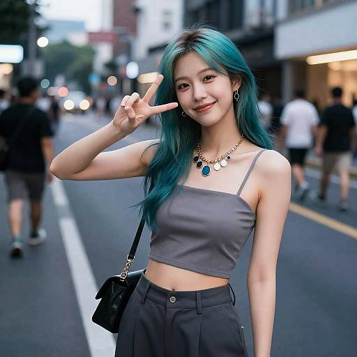 Young Woman with Teal Hair on City Street