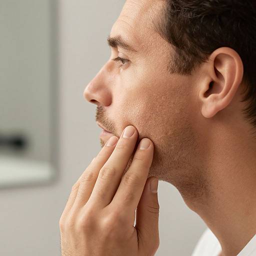 Close-up photograph of a man with short dark hair and stubble, touching his cheek with his right hand, looking thoughtfully to the left. Bright