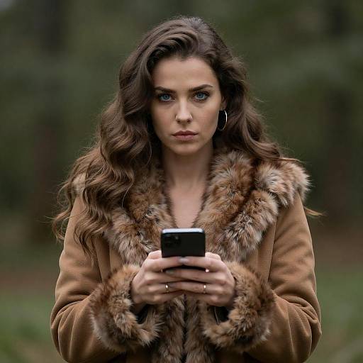 Serious Woman Holding Phone in Forest