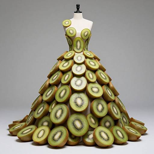 Photograph of a white dress mannequin adorned with a cascading skirt made entirely of sliced kiwi fruit, creating a vibrant, tropical, and