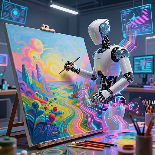 Photograph of a white robotic artist painting a vibrant, neon-colored abstract landscape on an easel in a futuristic studio.