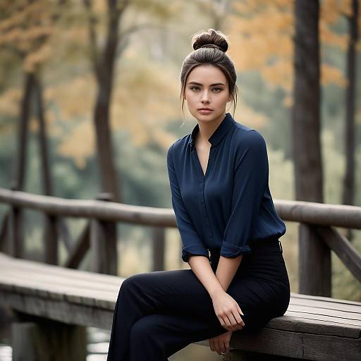 Young Woman Sitting on Wooden Bridge in Autumn