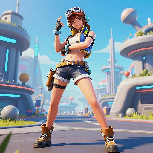 CGI image of a confident, cute female character in a futuristic city, wearing a helmet, crop top, shorts, boots, and gloves, with