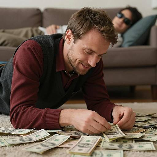 Man Sorting Dollar Bills on Couch